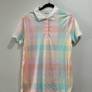 Lands End Polo Shirt Womens Medium Short Sleeve Pastel Colorful Plaid Top
